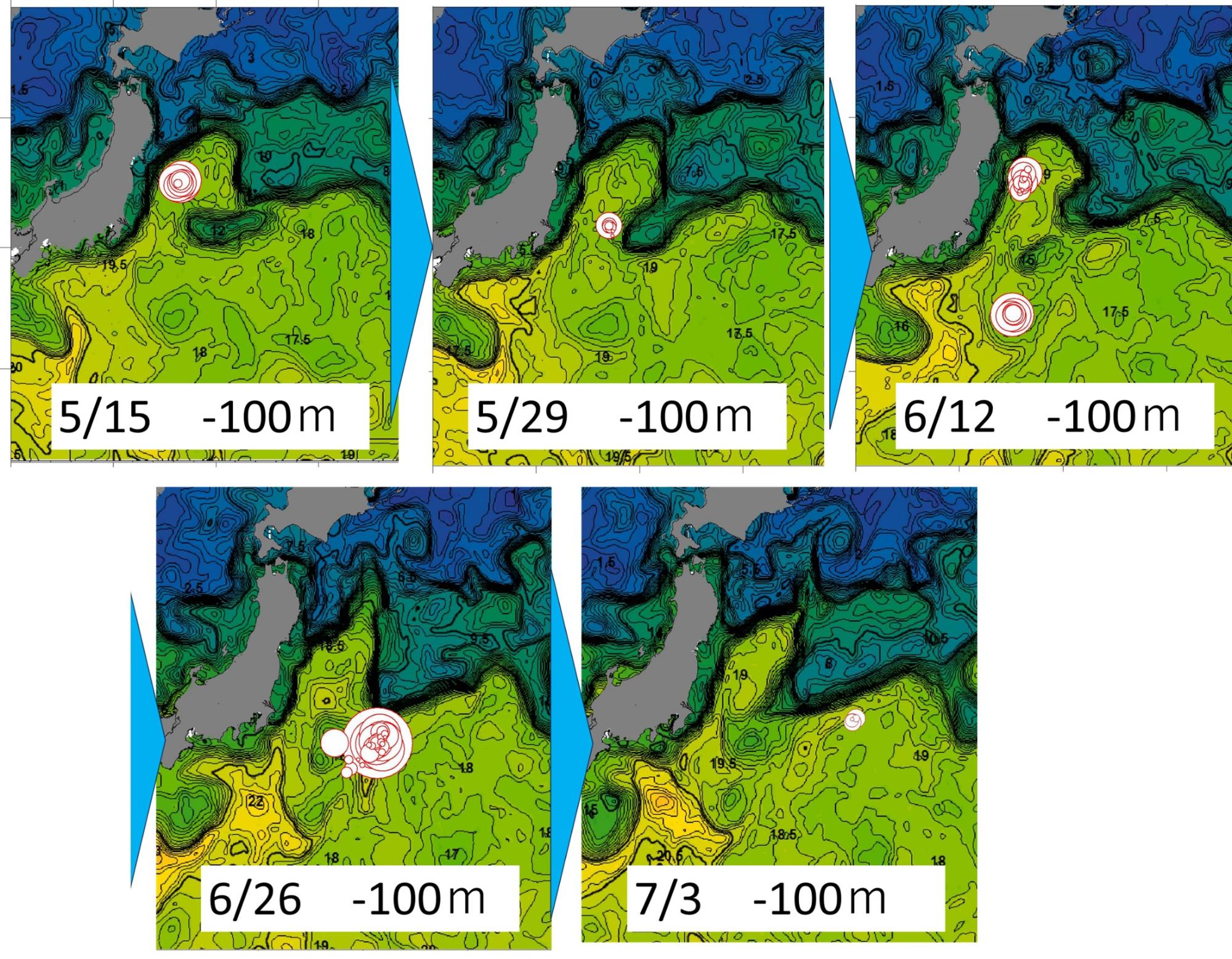 図4  水深100mの水温構造と漁場位置の経日推移