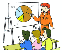 オレンジ色の作業服を着た女性が円グラフが書かれたホワイトボードの横に立ち住民に説明をしているイラスト