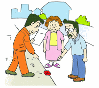 オレンジ色の作業服を着た男性と、もう一人の男性が地面に埋め込まれている赤い境界標を指しているイラスト