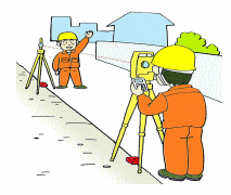 オレンジ色の作業服を着た男性2名が境界標地点に立ち地籍測量をしているイラスト